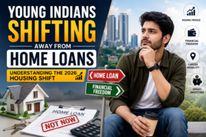 Young Indian professional thinking about financial freedom while avoiding a home loan, with house model, loan documents, city skyline, and graphics highlighting rising property prices, career mobility, and changing housing trends in India for 2026.