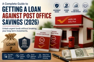 "Policybazaar Post Office Loan guide showing India Post building, NSC and KVP certificates, secured loan benefits, eligibility, lower interest rates, and loan against Post Office savings in India."