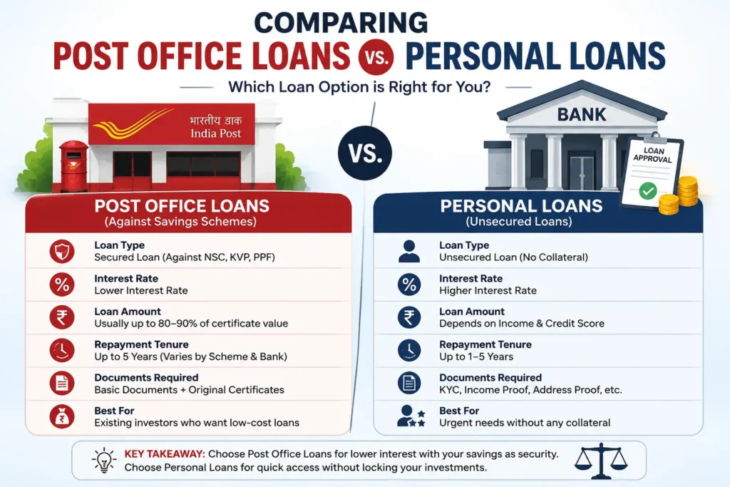 Policybazaar Post Office Loan comparison between Post Office loans and personal loans showing interest rates, loan limits, collateral, and repayment features.